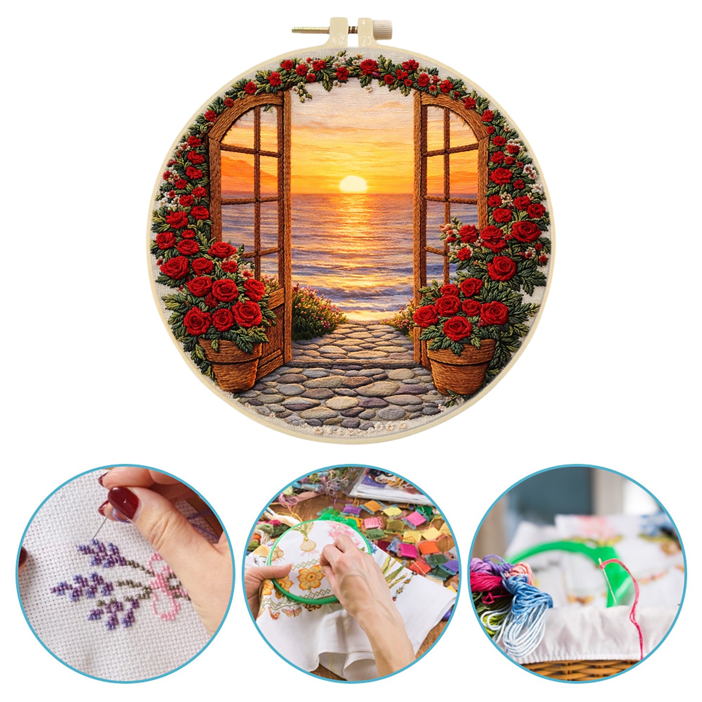 Roses And Sunset - DIY Embroidery Cross Stitch Kit with Pattern Cotton Threads Needles Hoop 29x29CM/11.42x11.42in