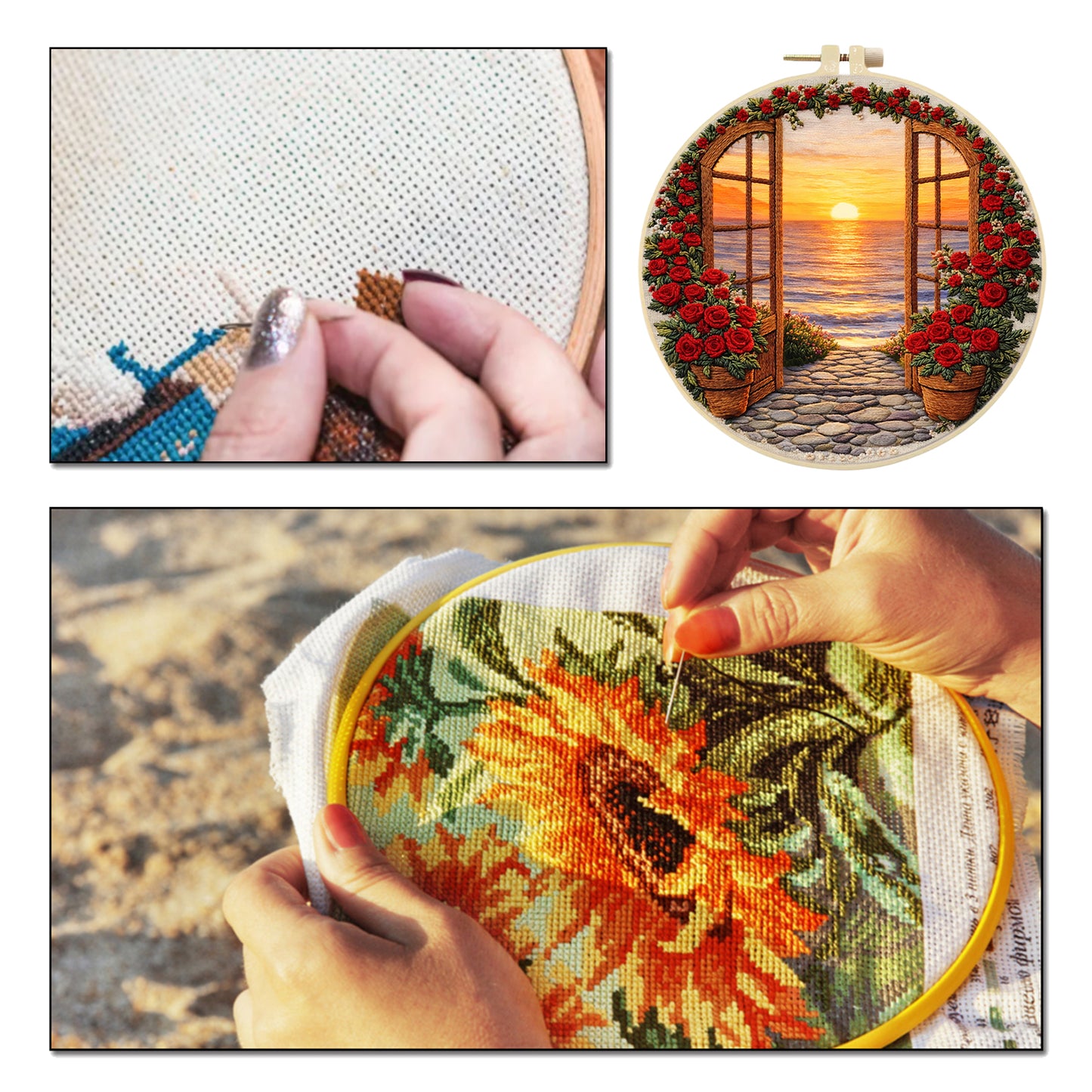 Roses And Sunset - DIY Embroidery Cross Stitch Kit with Pattern Cotton Threads Needles Hoop 29x29CM/11.42x11.42in