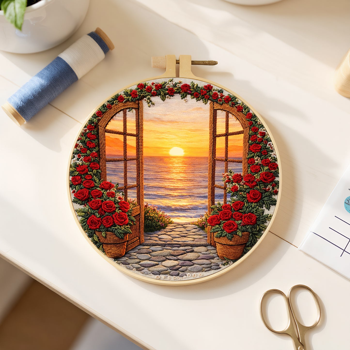 Roses And Sunset - DIY Embroidery Cross Stitch Kit with Pattern Cotton Threads Needles Hoop 29x29CM/11.42x11.42in