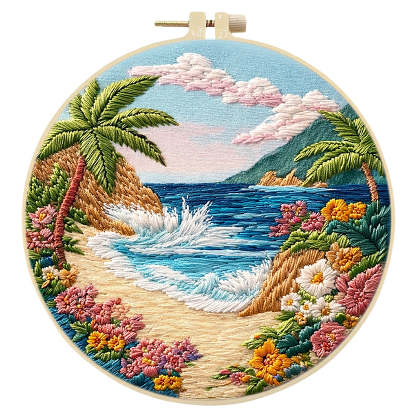 Seaside Beach - DIY Embroidery Cross Stitch Kit with Pattern Cotton Threads Needles Hoop 29x29CM/11.42x11.42in