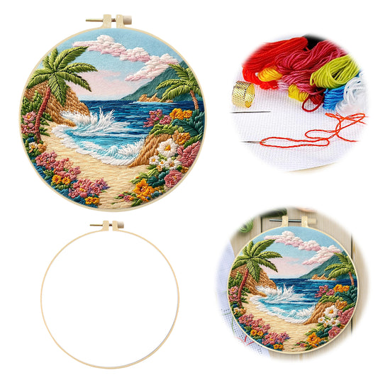 Seaside Beach - DIY Embroidery Cross Stitch Kit with Pattern Cotton Threads Needles Hoop 29x29CM/11.42x11.42in