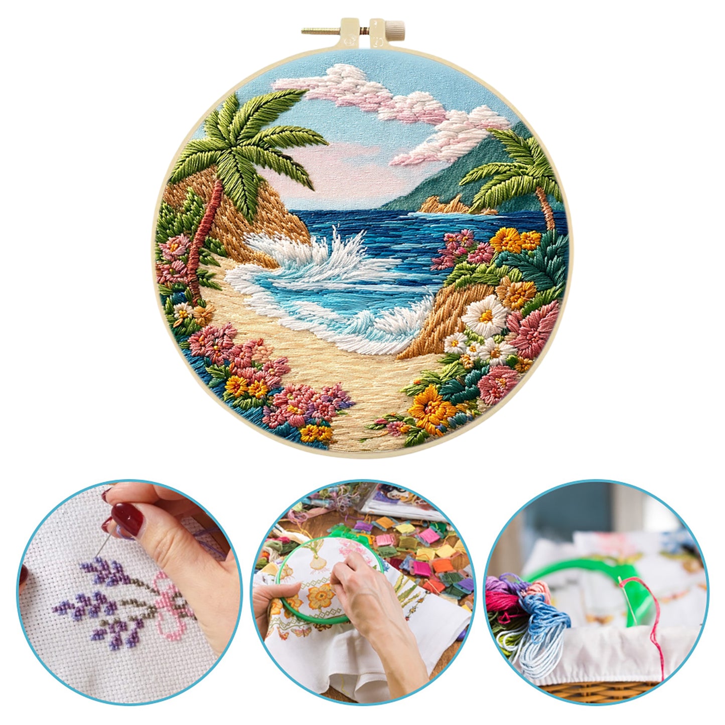 Seaside Beach - DIY Embroidery Cross Stitch Kit with Pattern Cotton Threads Needles Hoop 29x29CM/11.42x11.42in