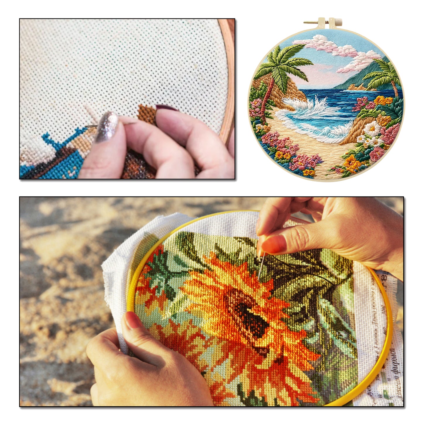 Seaside Beach - DIY Embroidery Cross Stitch Kit with Pattern Cotton Threads Needles Hoop 29x29CM/11.42x11.42in