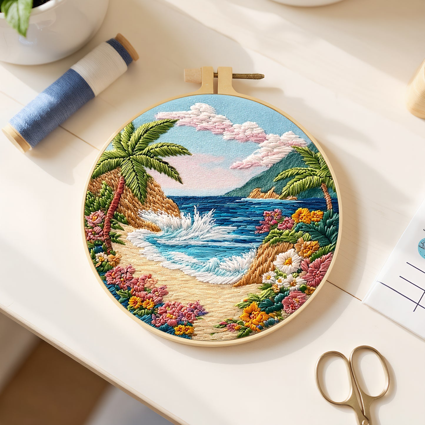 Seaside Beach - DIY Embroidery Cross Stitch Kit with Pattern Cotton Threads Needles Hoop 29x29CM/11.42x11.42in