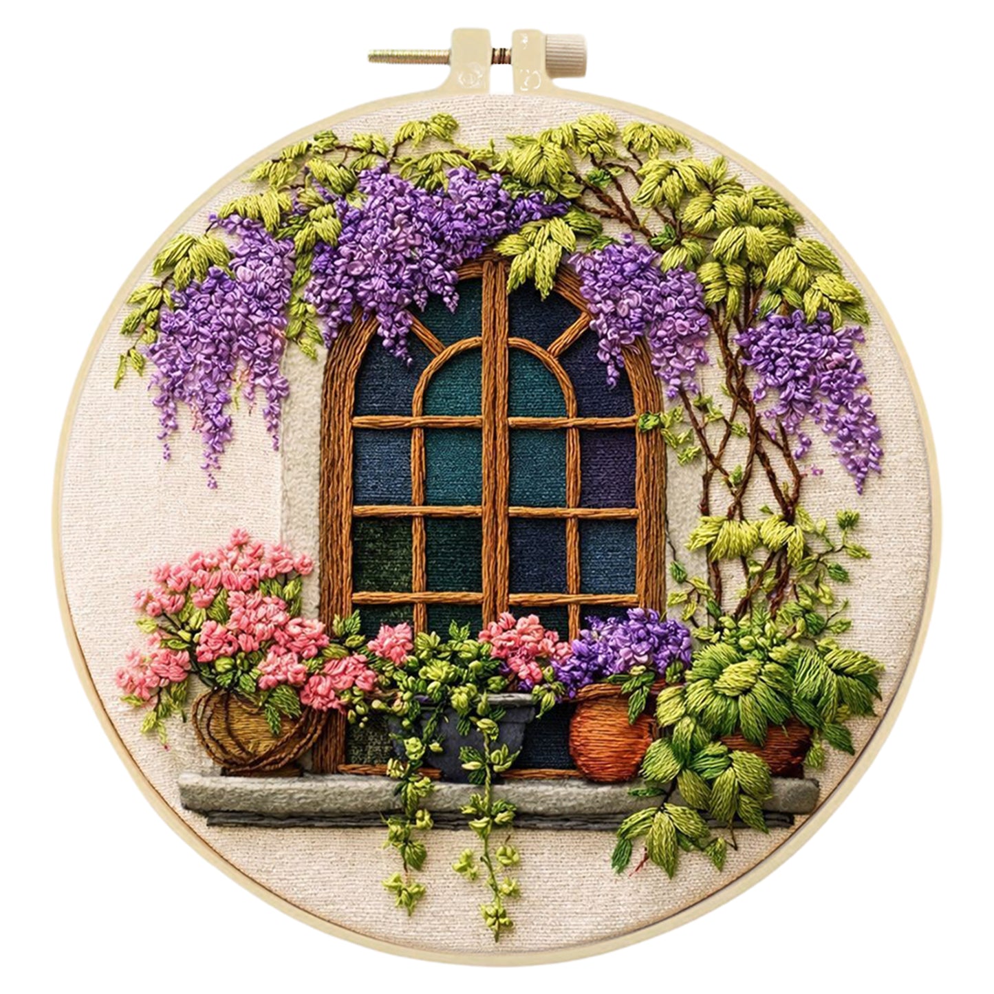 Windows And Flowers - DIY Embroidery Cross Stitch Kit with Pattern Cotton Threads Needles Hoop 29x29CM/11.42x11.42in