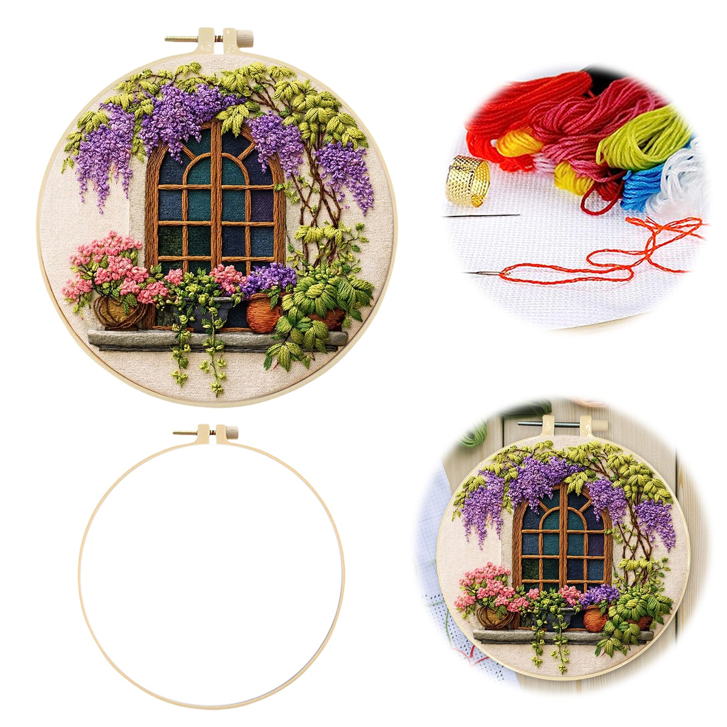 Windows And Flowers - DIY Embroidery Cross Stitch Kit with Pattern Cotton Threads Needles Hoop 29x29CM/11.42x11.42in