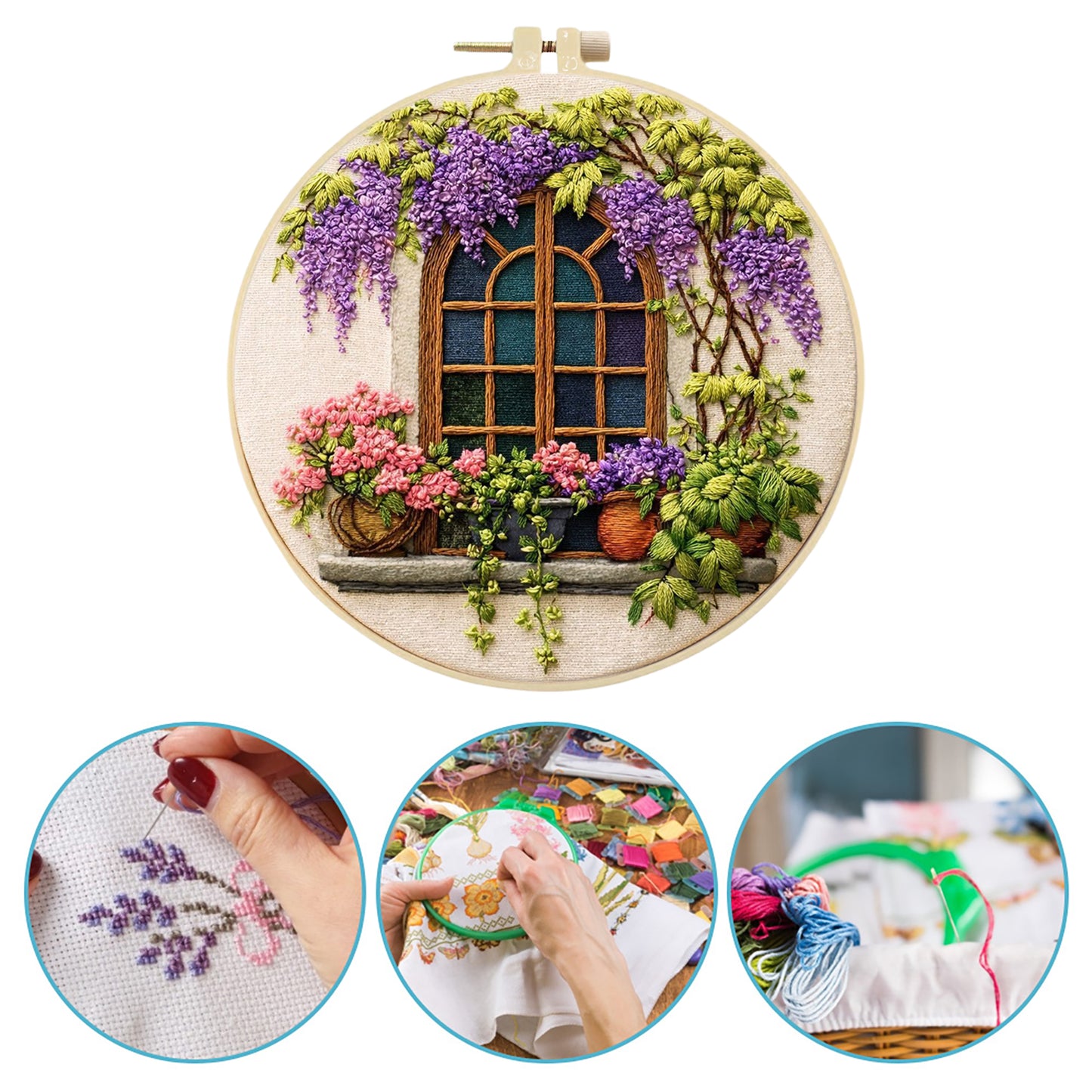 Windows And Flowers - DIY Embroidery Cross Stitch Kit with Pattern Cotton Threads Needles Hoop 29x29CM/11.42x11.42in