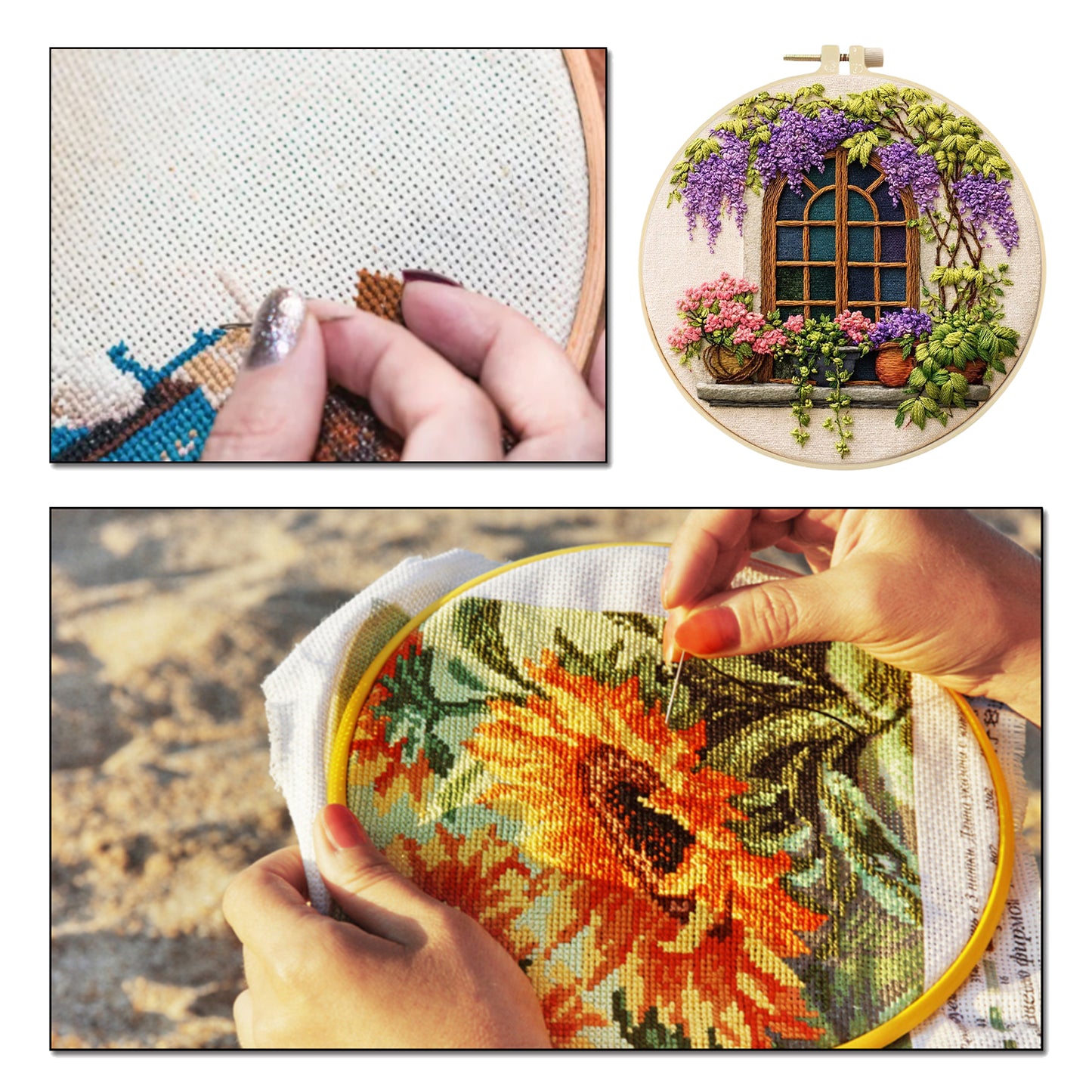 Windows And Flowers - DIY Embroidery Cross Stitch Kit with Pattern Cotton Threads Needles Hoop 29x29CM/11.42x11.42in