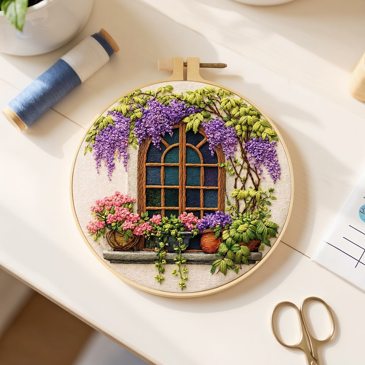 Windows And Flowers - DIY Embroidery Cross Stitch Kit with Pattern Cotton Threads Needles Hoop 29x29CM/11.42x11.42in