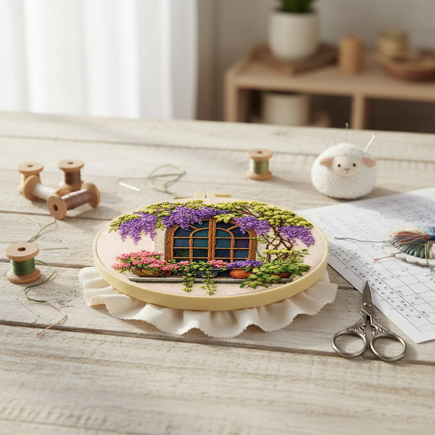 Windows And Flowers - DIY Embroidery Cross Stitch Kit with Pattern Cotton Threads Needles Hoop 29x29CM/11.42x11.42in