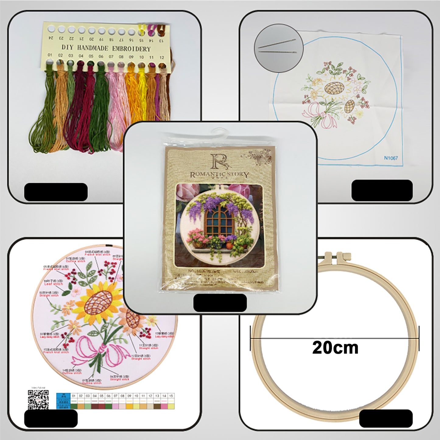 Windows And Flowers - DIY Embroidery Cross Stitch Kit with Pattern Cotton Threads Needles Hoop 29x29CM/11.42x11.42in