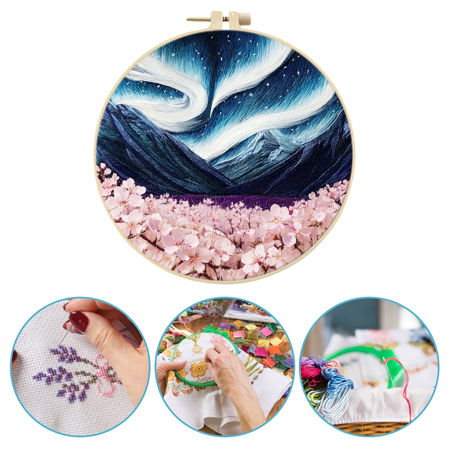 Aurora And Cherry Blossoms - DIY Embroidery Cross Stitch Kit with Pattern Cotton Threads Needles Hoop 29x29CM/11.42x11.42in