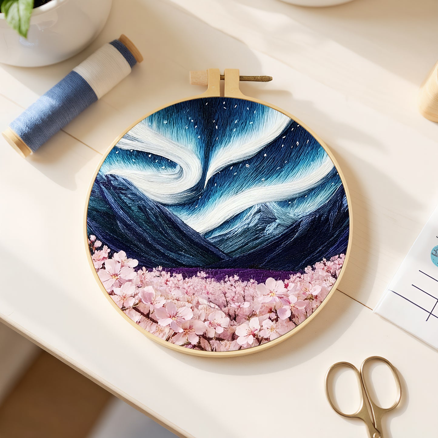 Aurora And Cherry Blossoms - DIY Embroidery Cross Stitch Kit with Pattern Cotton Threads Needles Hoop 29x29CM/11.42x11.42in