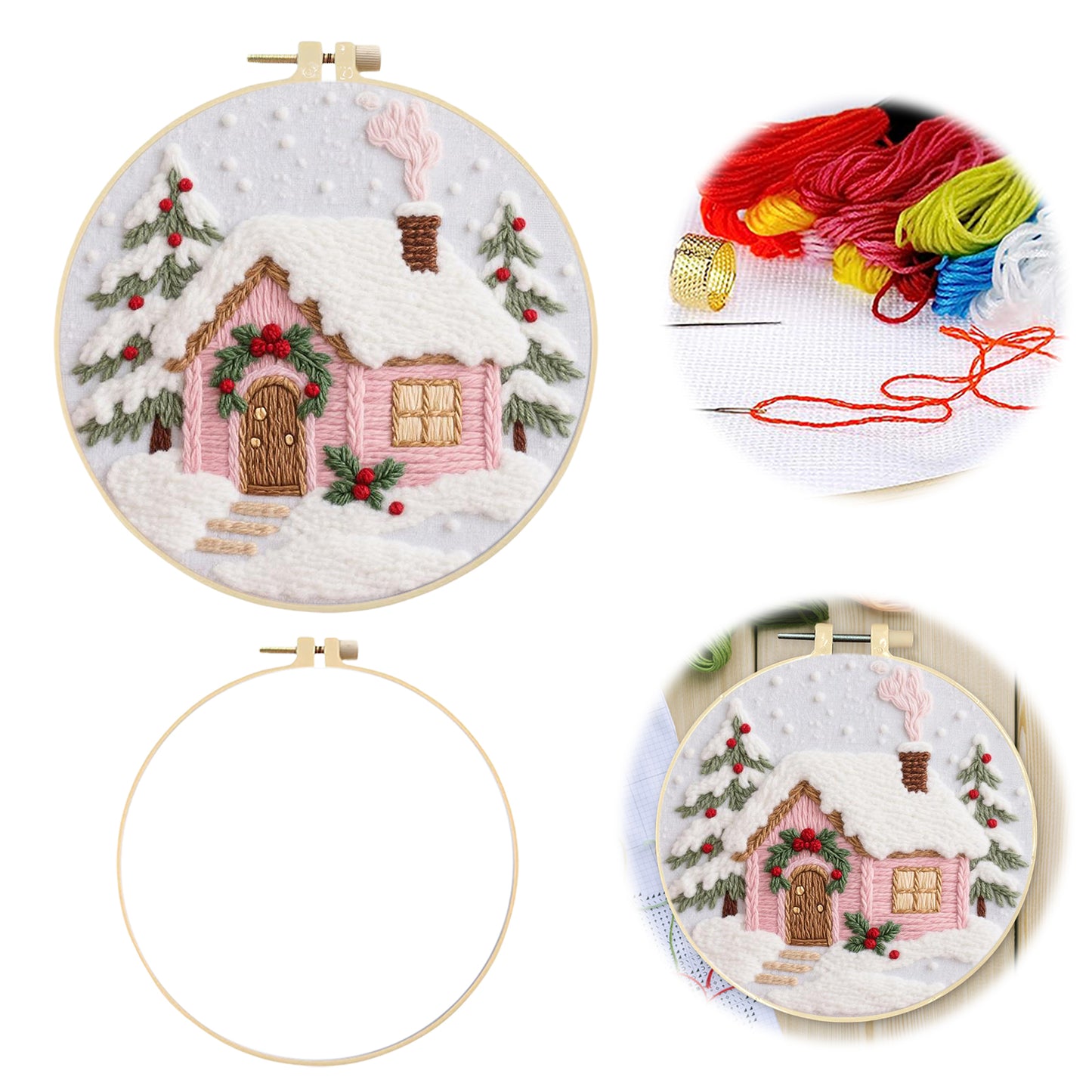 Christmas Cabin - DIY Embroidery Cross Stitch Kit with Pattern Cotton Threads Needles Hoop 29x29CM/11.42x11.42in