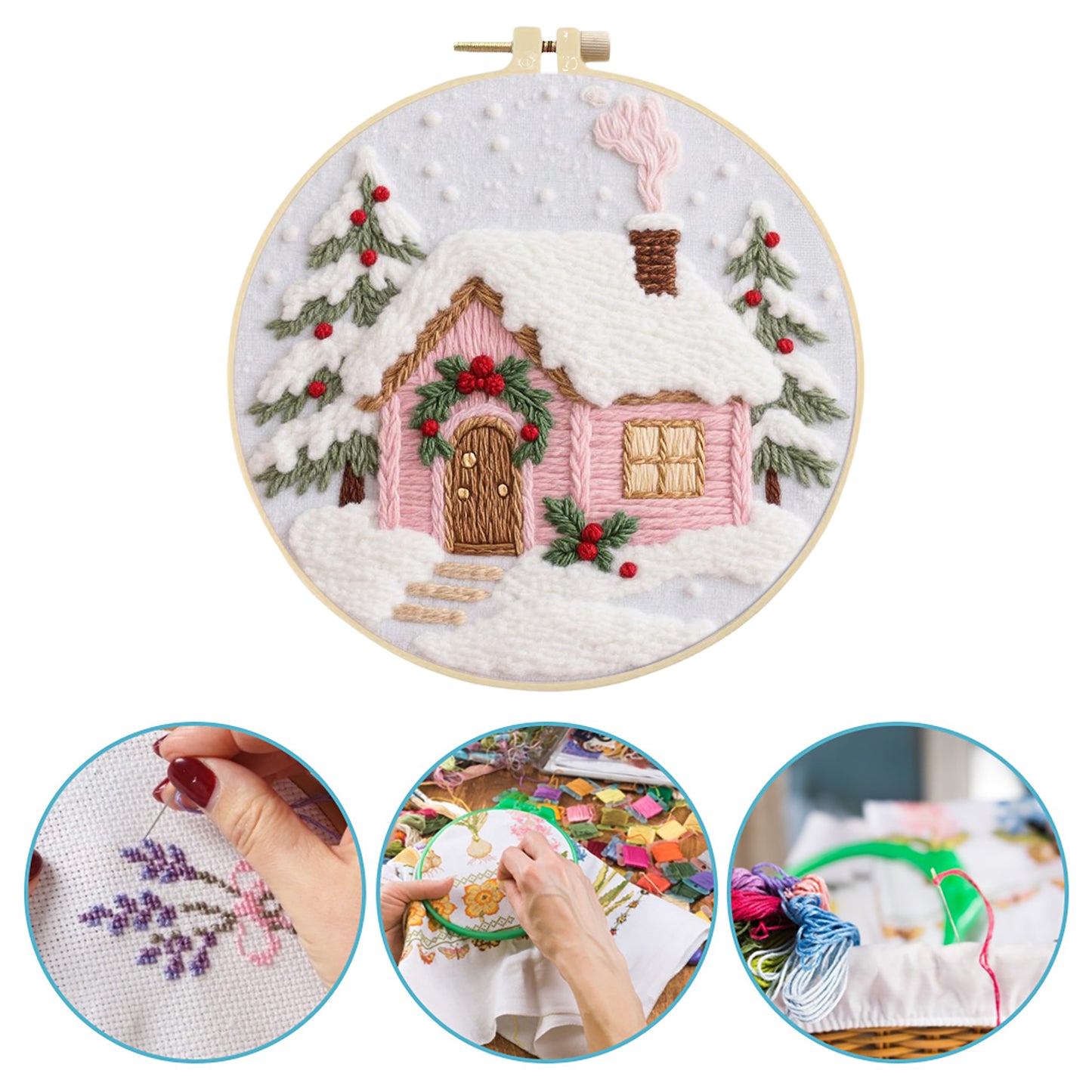 Christmas Cabin - DIY Embroidery Cross Stitch Kit with Pattern Cotton Threads Needles Hoop 29x29CM/11.42x11.42in