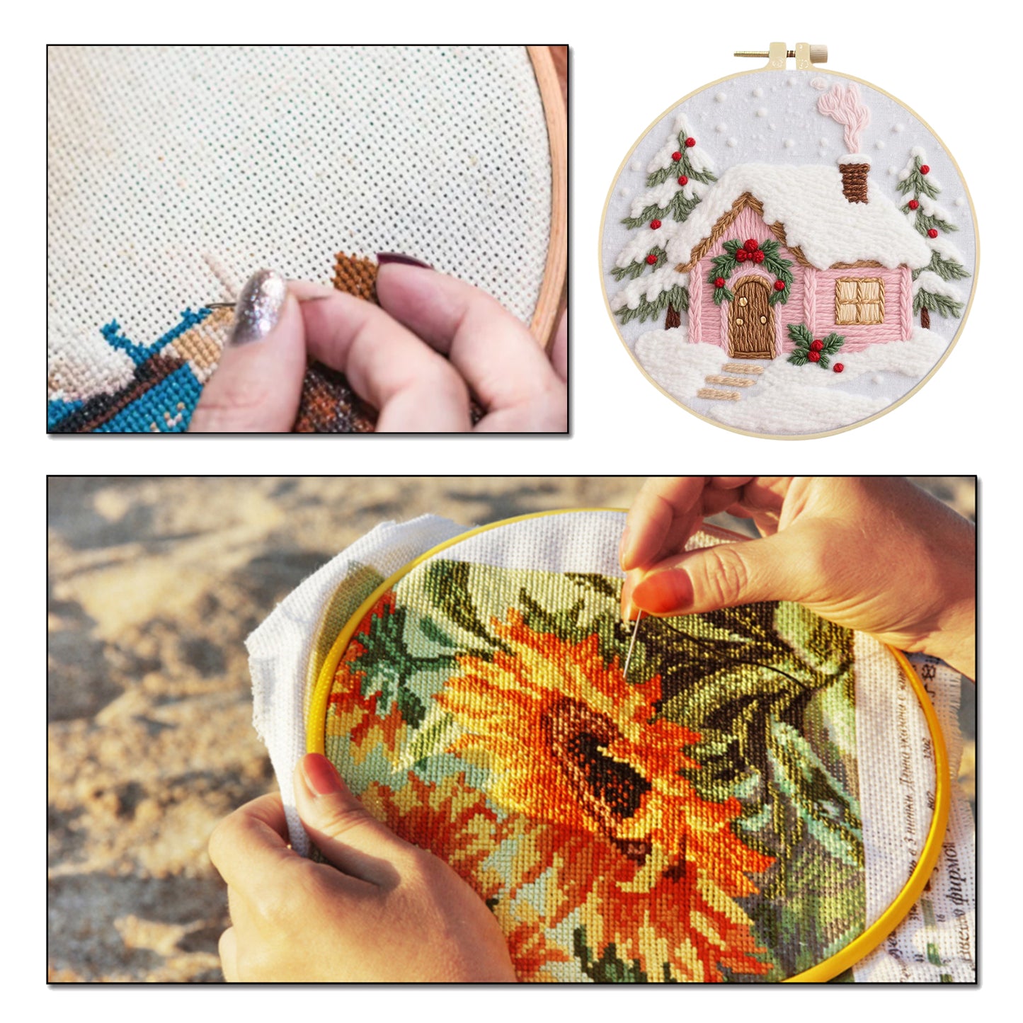 Christmas Cabin - DIY Embroidery Cross Stitch Kit with Pattern Cotton Threads Needles Hoop 29x29CM/11.42x11.42in