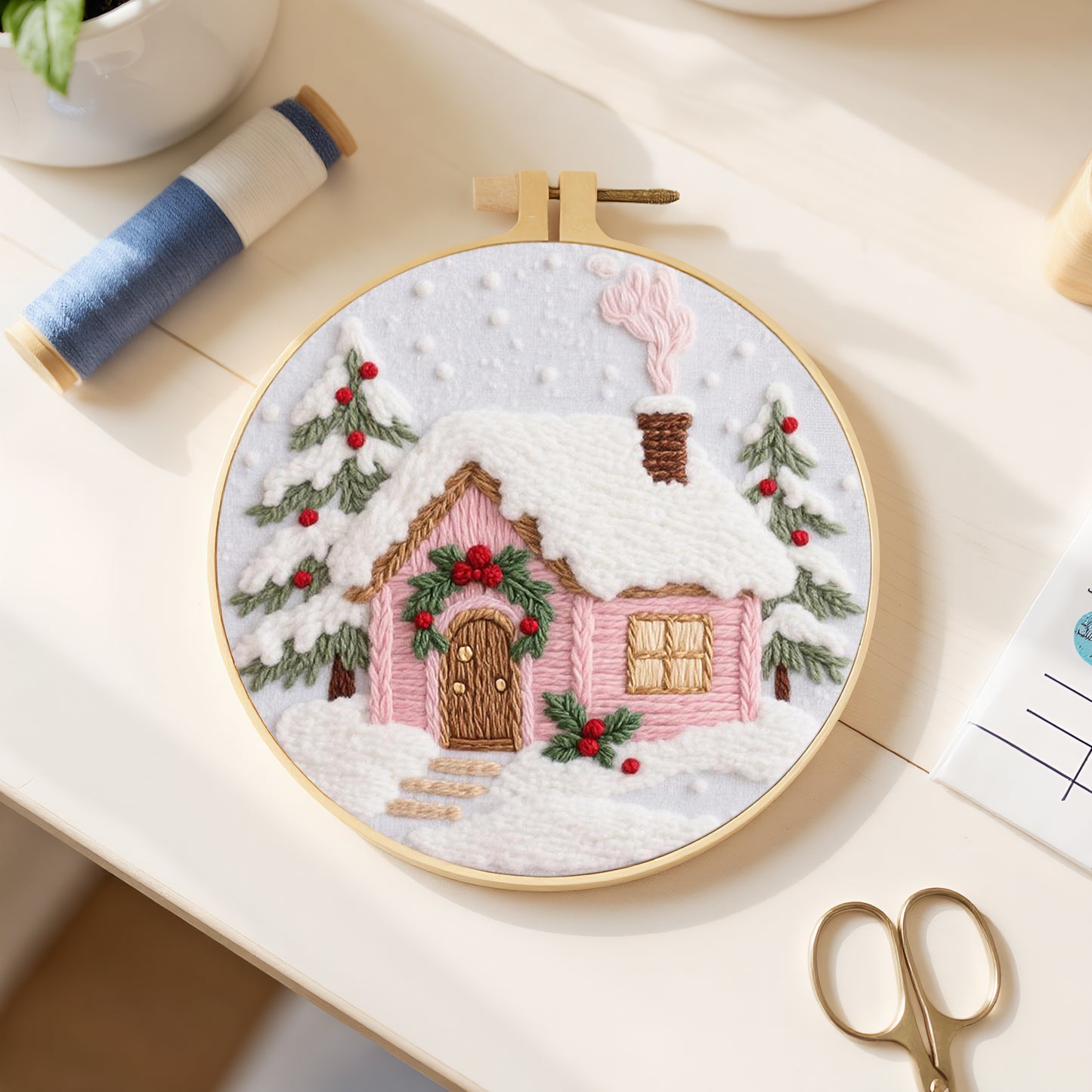 Christmas Cabin - DIY Embroidery Cross Stitch Kit with Pattern Cotton Threads Needles Hoop 29x29CM/11.42x11.42in