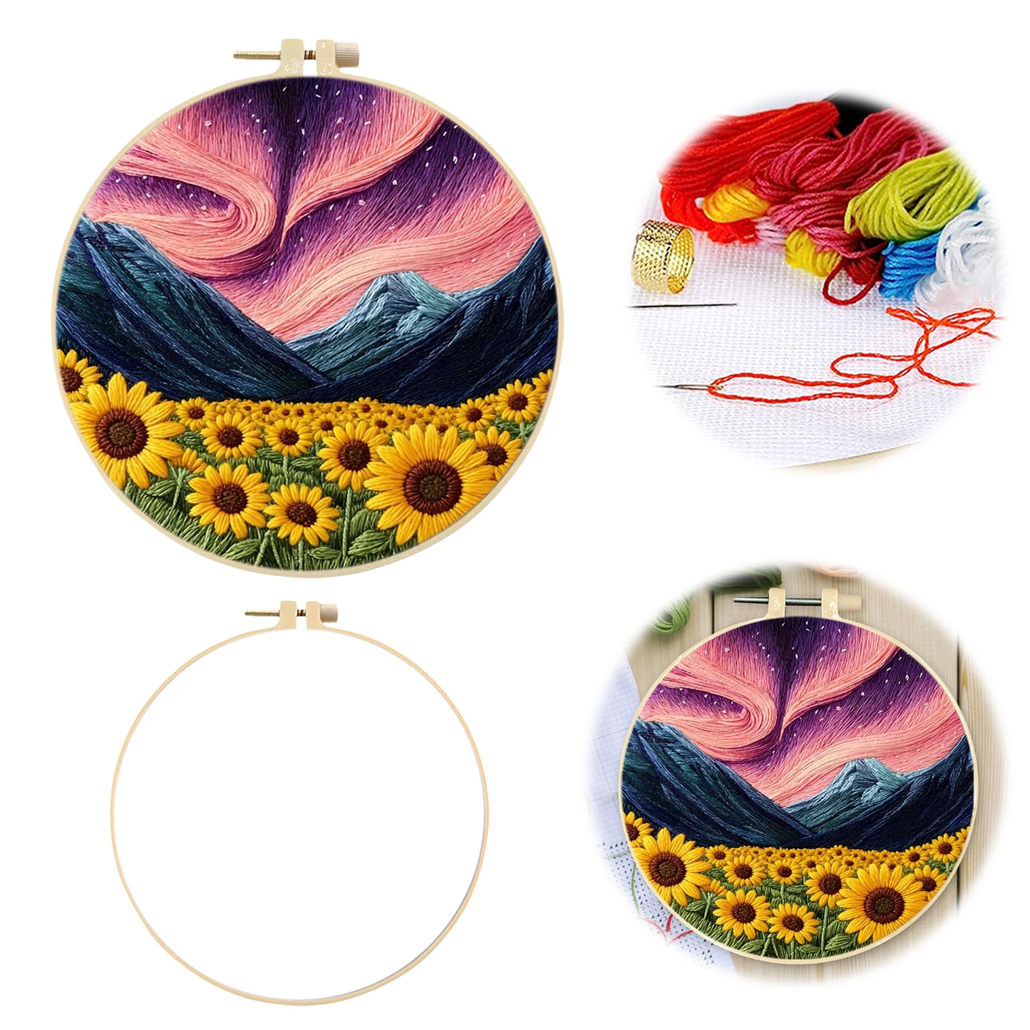 Aurora And Sunflowers - DIY Embroidery Cross Stitch Kit with Pattern Cotton Threads Needles Hoop 29x29CM/11.42x11.42in