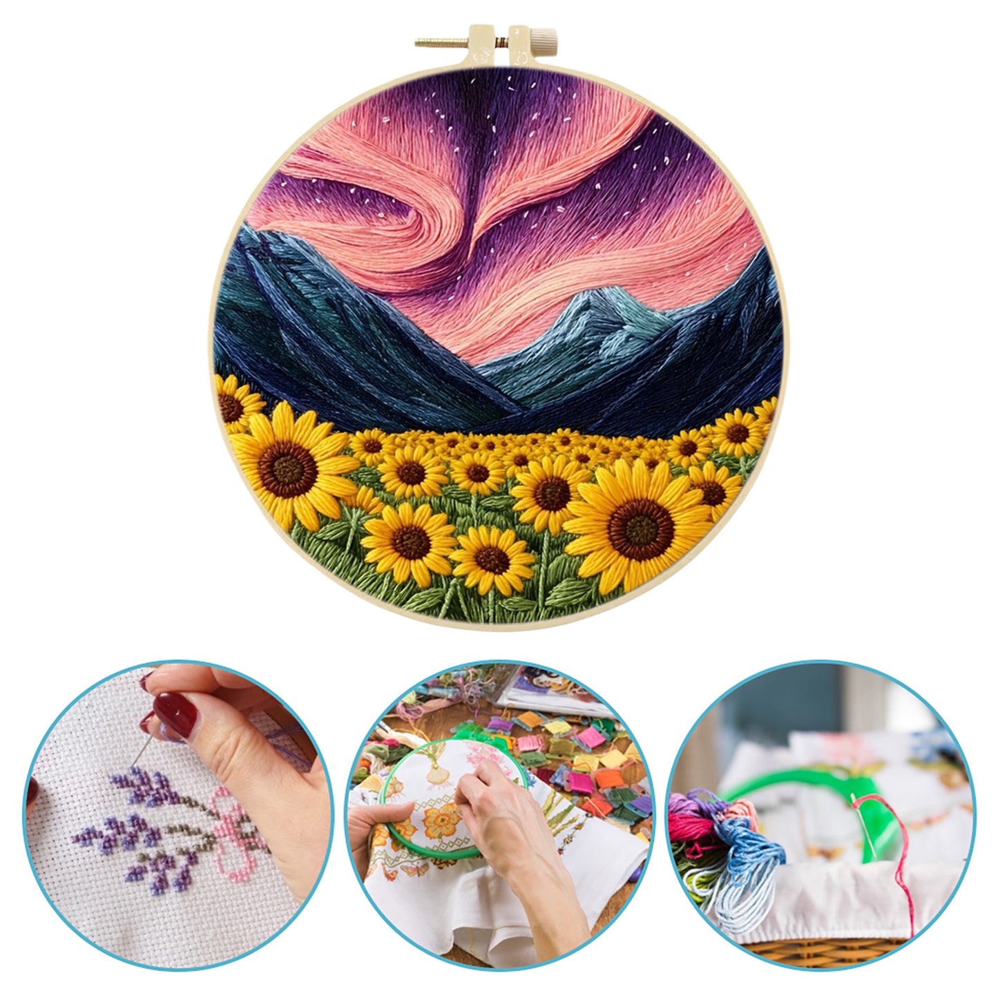 Aurora And Sunflowers - DIY Embroidery Cross Stitch Kit with Pattern Cotton Threads Needles Hoop 29x29CM/11.42x11.42in