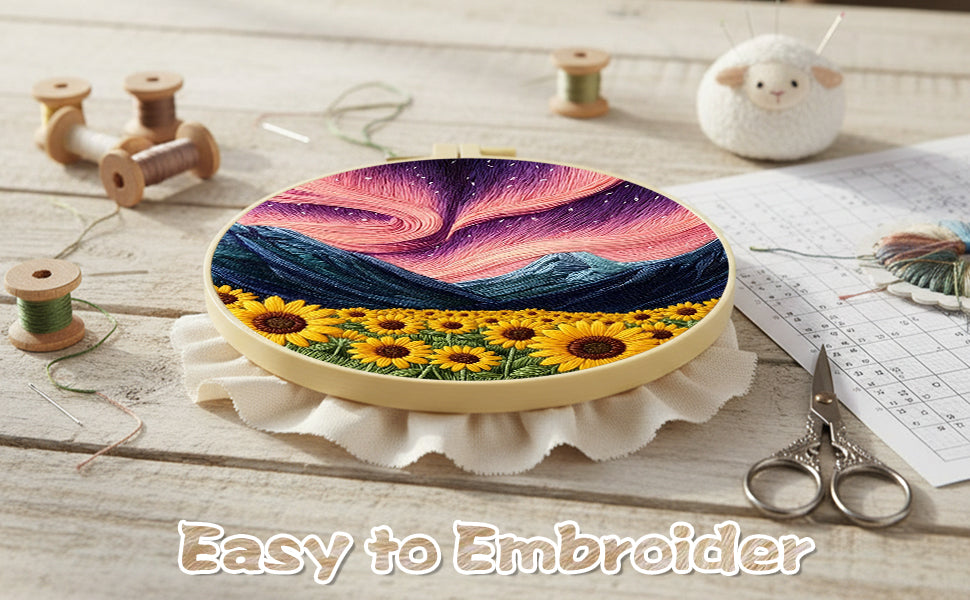 Aurora And Sunflowers - DIY Embroidery Cross Stitch Kit with Pattern Cotton Threads Needles Hoop 29x29CM/11.42x11.42in