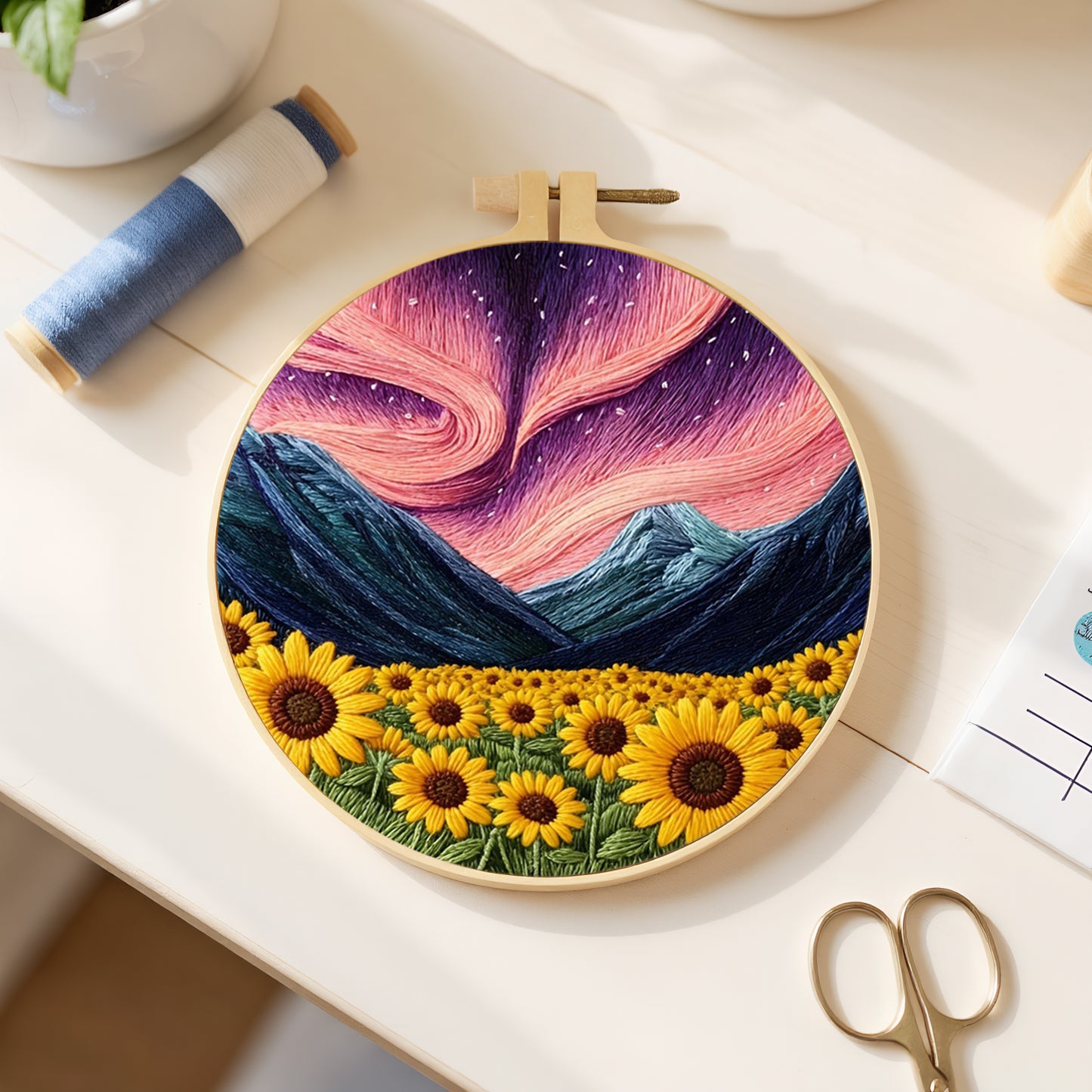 Aurora And Sunflowers - DIY Embroidery Cross Stitch Kit with Pattern Cotton Threads Needles Hoop 29x29CM/11.42x11.42in