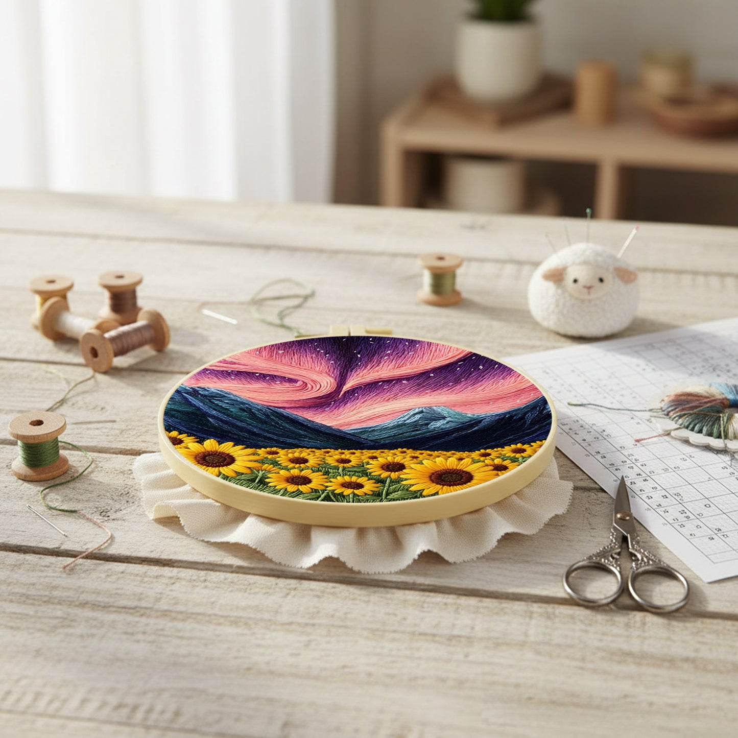 Aurora And Sunflowers - DIY Embroidery Cross Stitch Kit with Pattern Cotton Threads Needles Hoop 29x29CM/11.42x11.42in