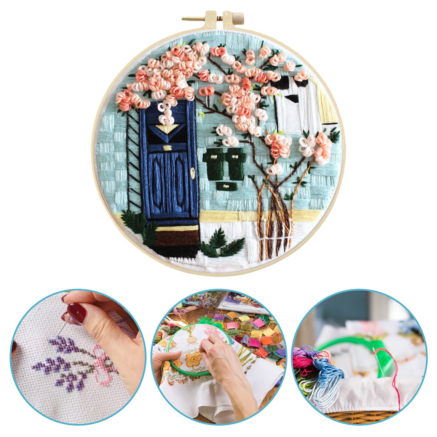 Flower Tree - DIY Embroidery Cross Stitch Kit with Pattern Cotton Threads Needles Hoop 29x29CM/11.42x11.42in
