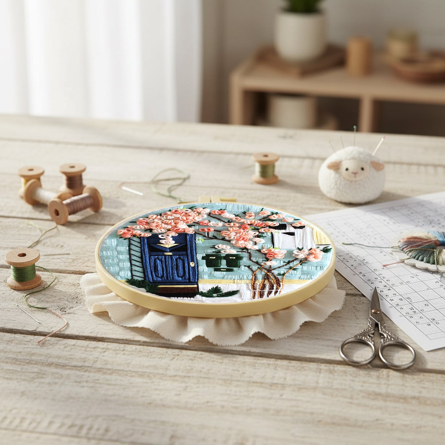 Flower Tree - DIY Embroidery Cross Stitch Kit with Pattern Cotton Threads Needles Hoop 29x29CM/11.42x11.42in