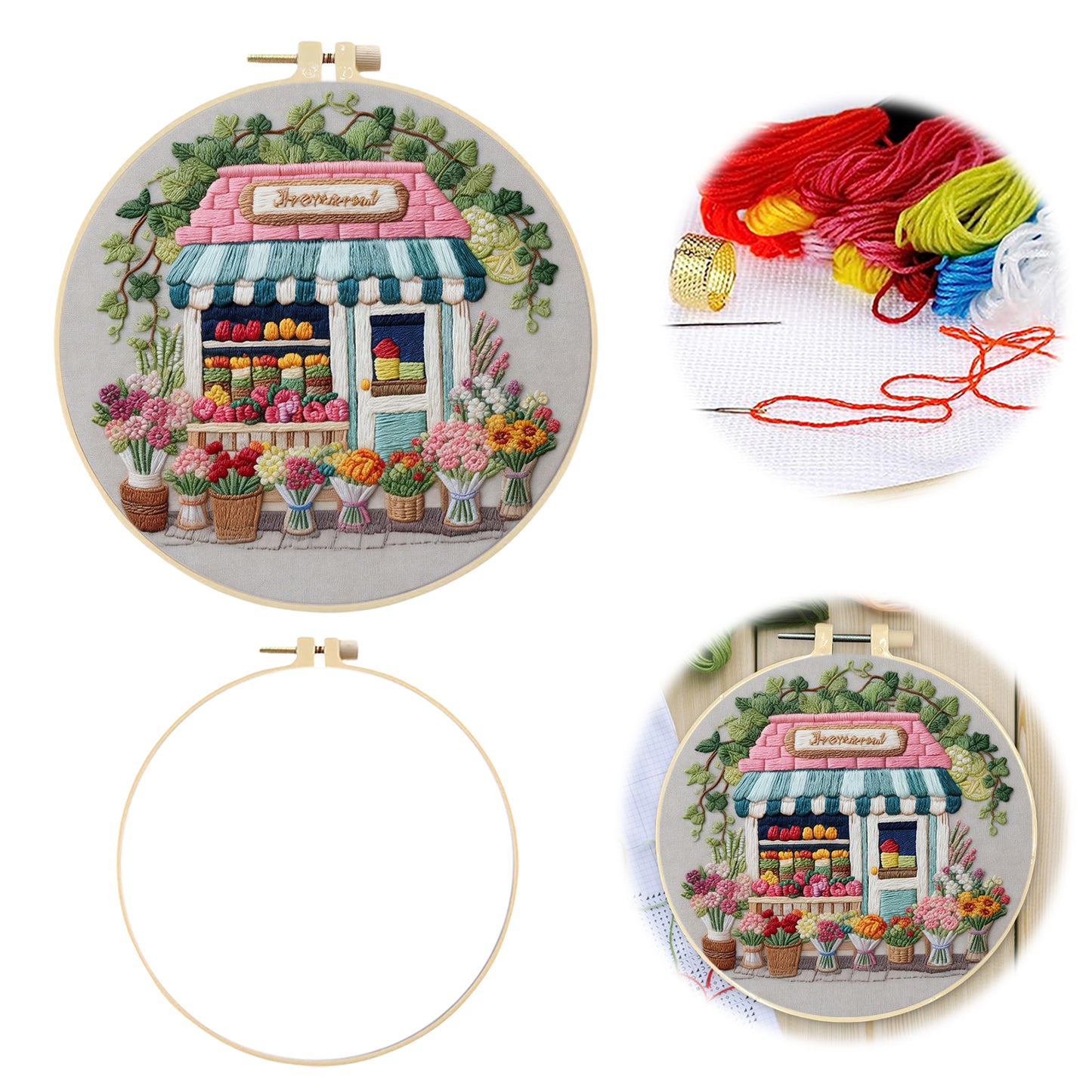 Flower Shop - DIY Embroidery Cross Stitch Kit with Pattern Cotton Threads Needles Hoop 29x29CM/11.42x11.42in