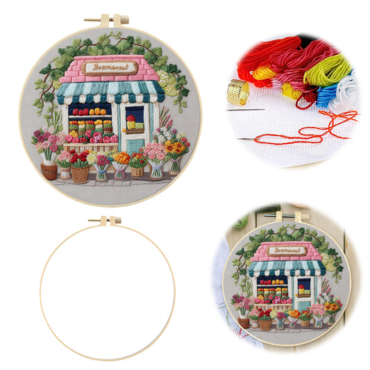 Flower Shop - DIY Embroidery Cross Stitch Kit with Pattern Cotton Threads Needles Hoop 29x29CM/11.42x11.42in