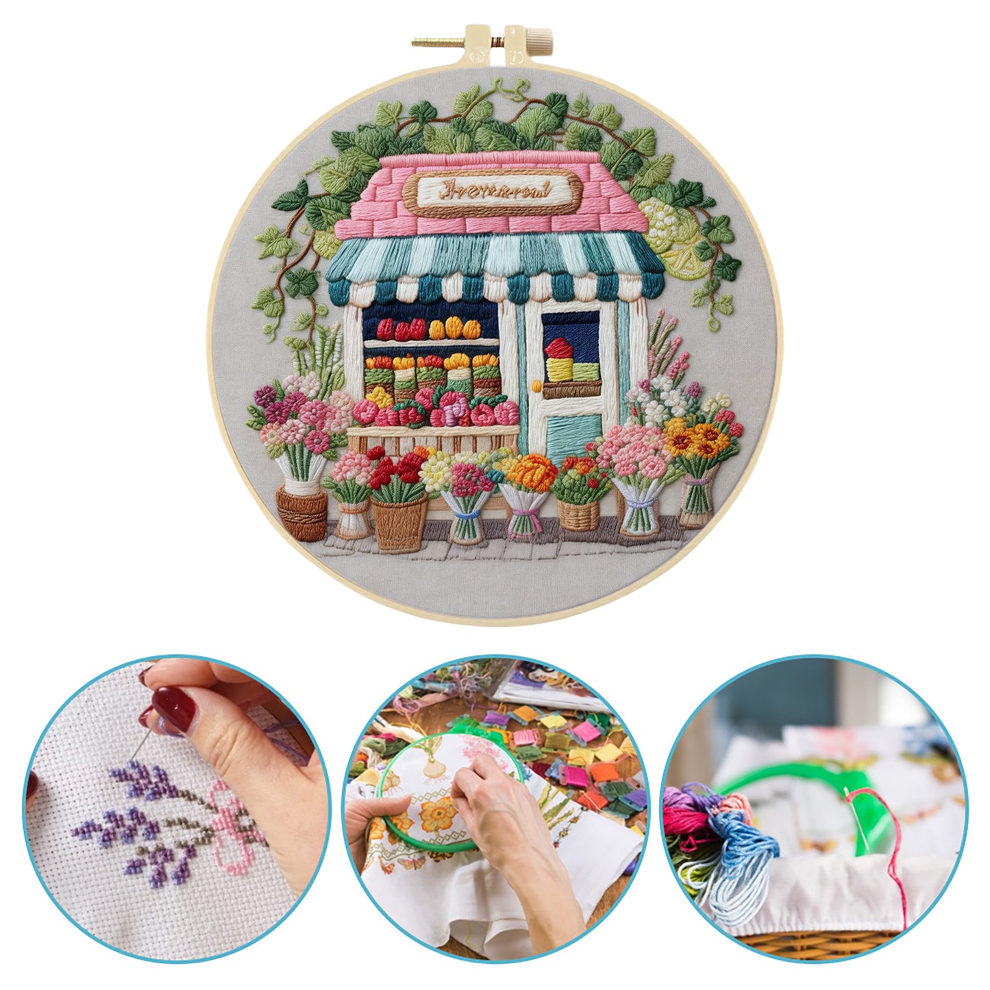 Flower Shop - DIY Embroidery Cross Stitch Kit with Pattern Cotton Threads Needles Hoop 29x29CM/11.42x11.42in