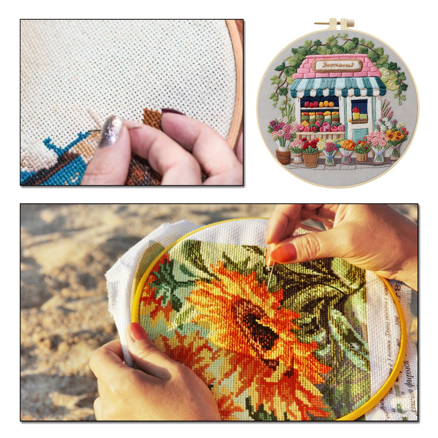 Flower Shop - DIY Embroidery Cross Stitch Kit with Pattern Cotton Threads Needles Hoop 29x29CM/11.42x11.42in