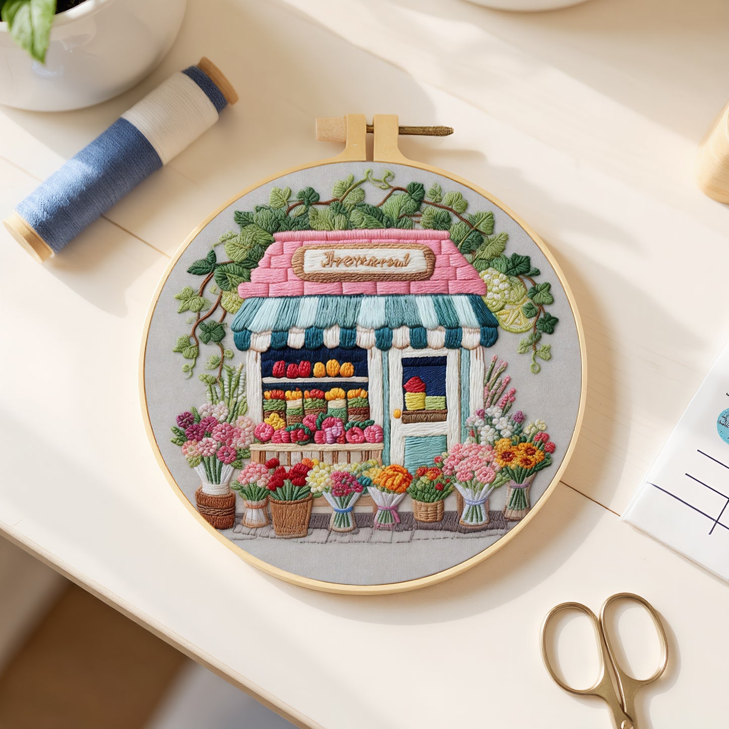 Flower Shop - DIY Embroidery Cross Stitch Kit with Pattern Cotton Threads Needles Hoop 29x29CM/11.42x11.42in