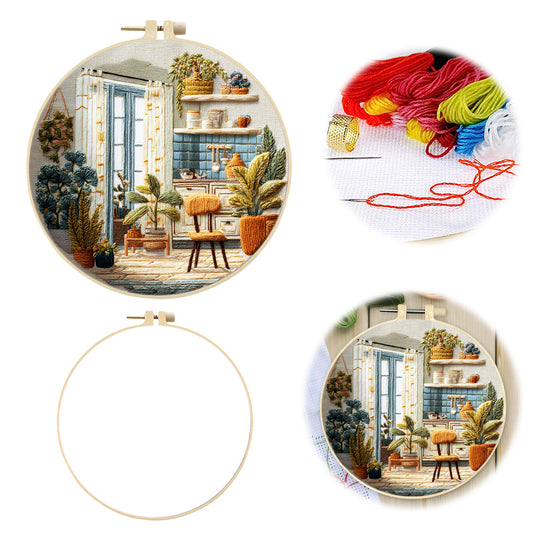 Kitchen - DIY Embroidery Cross Stitch Kit with Pattern Cotton Threads Needles Hoop 29x29CM/11.42x11.42in