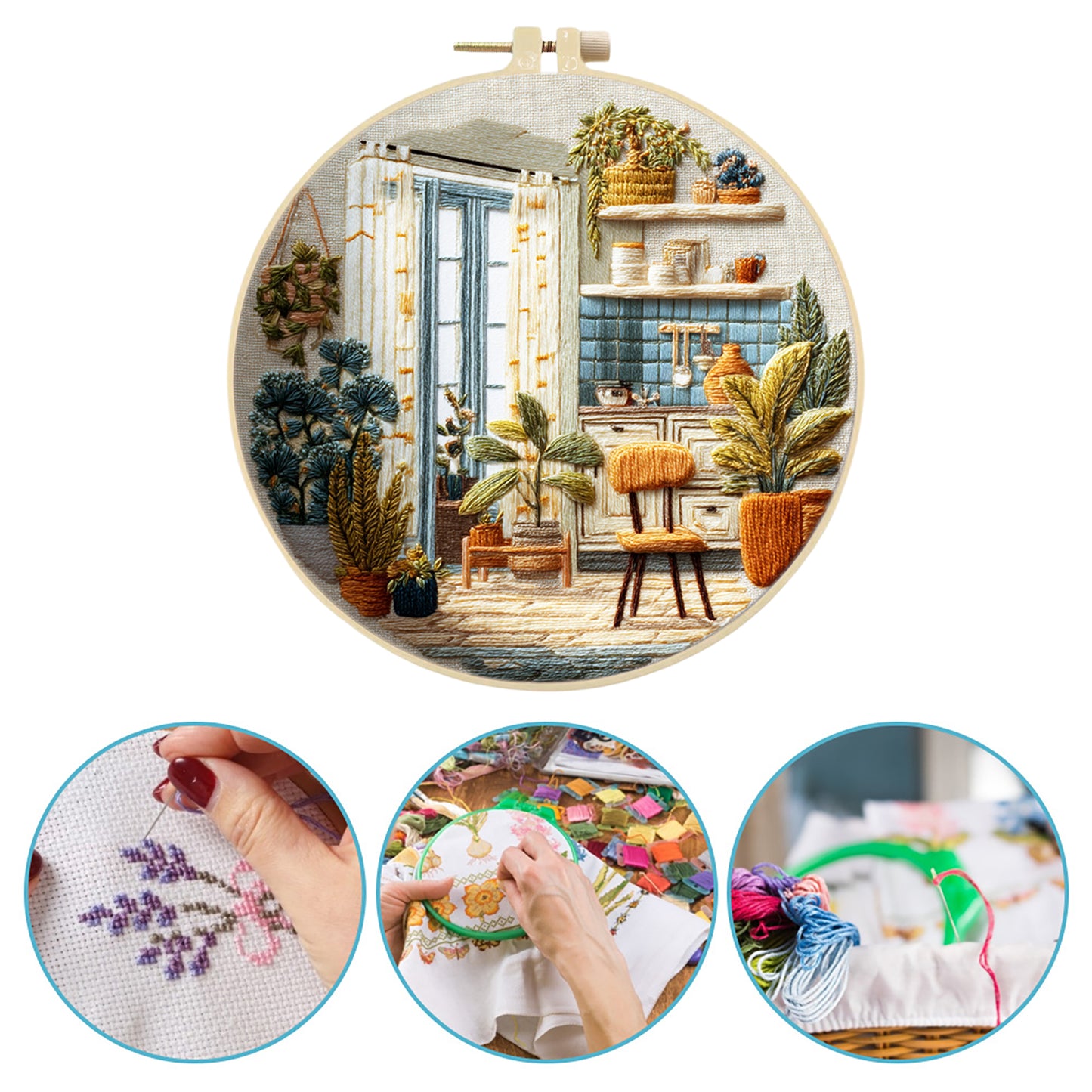 Kitchen - DIY Embroidery Cross Stitch Kit with Pattern Cotton Threads Needles Hoop 29x29CM/11.42x11.42in