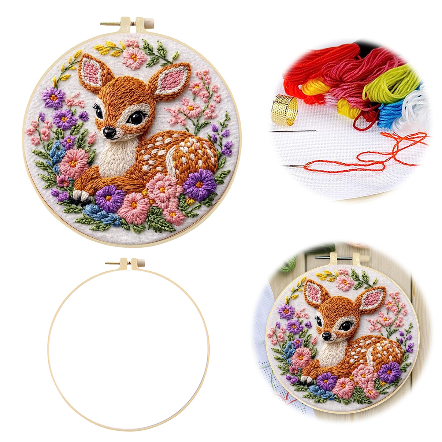 Deer And Flowers - DIY Embroidery Cross Stitch Kit with Pattern Cotton Threads Needles Hoop 29x29CM/11.42x11.42in