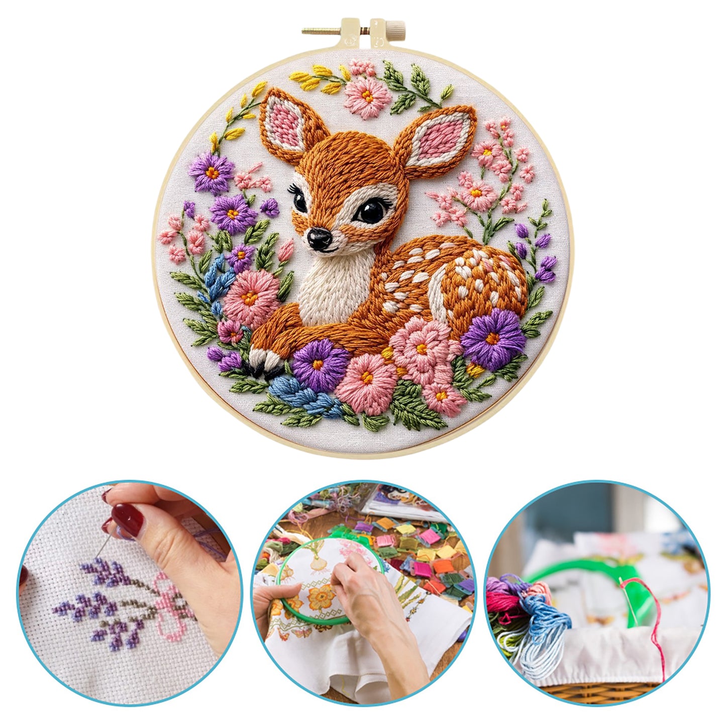 Deer And Flowers - DIY Embroidery Cross Stitch Kit with Pattern Cotton Threads Needles Hoop 29x29CM/11.42x11.42in