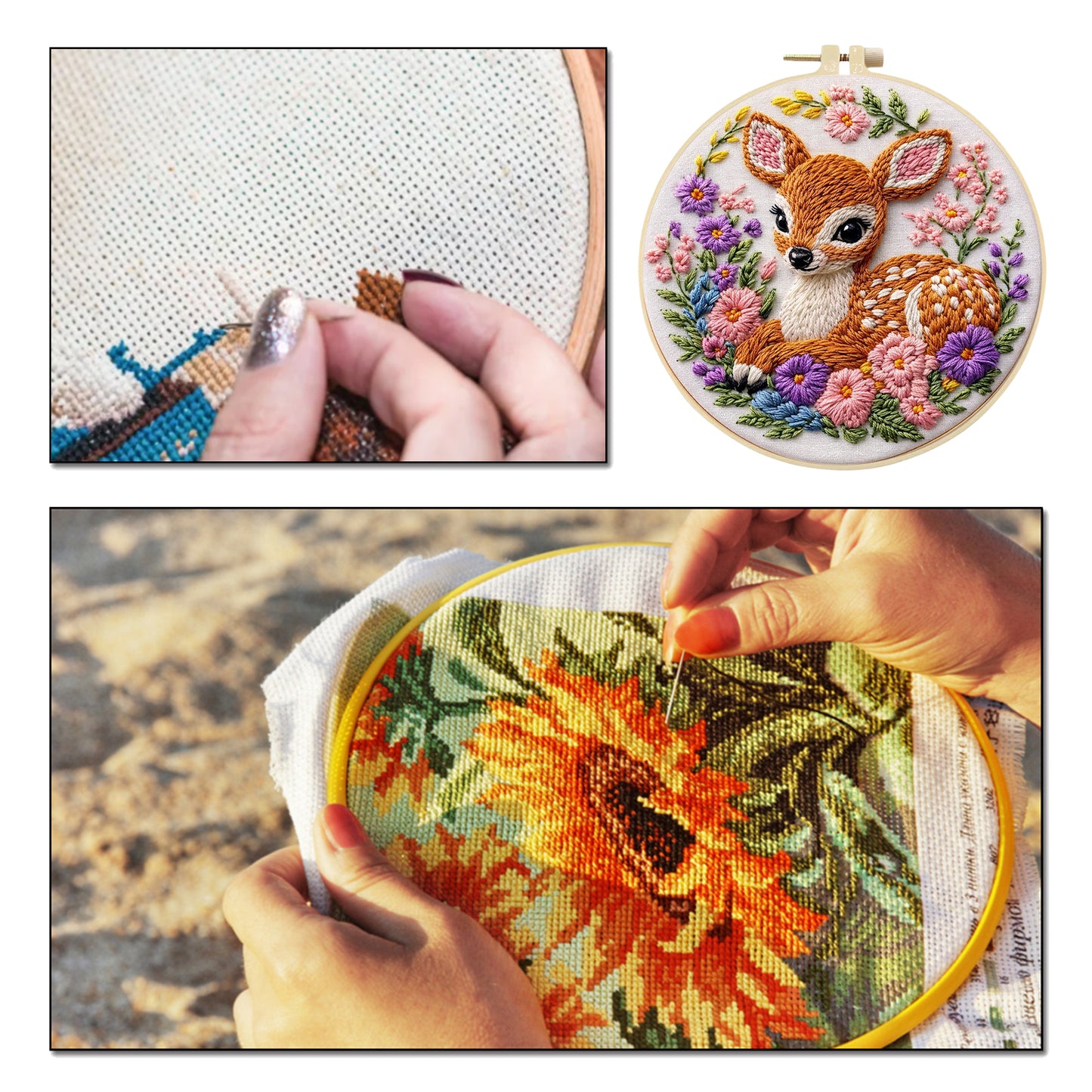Deer And Flowers - DIY Embroidery Cross Stitch Kit with Pattern Cotton Threads Needles Hoop 29x29CM/11.42x11.42in
