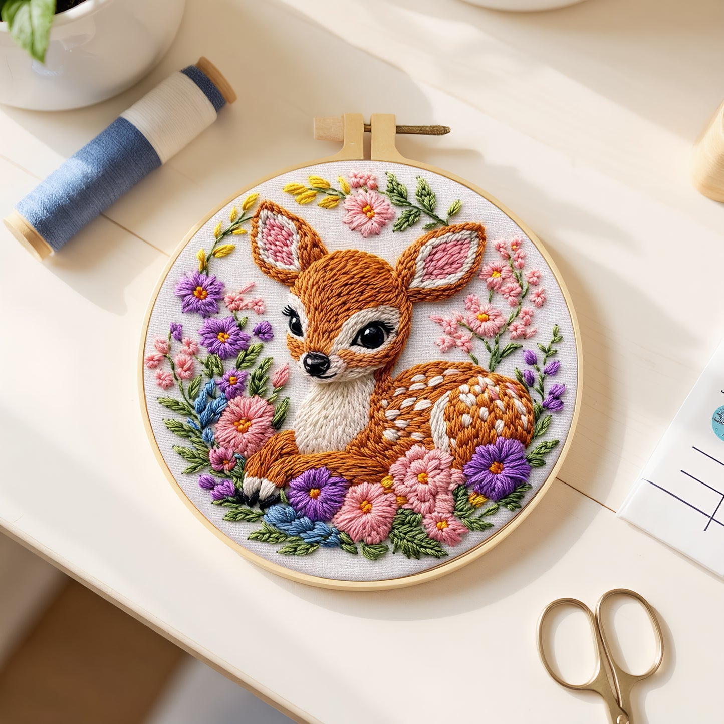 Deer And Flowers - DIY Embroidery Cross Stitch Kit with Pattern Cotton Threads Needles Hoop 29x29CM/11.42x11.42in