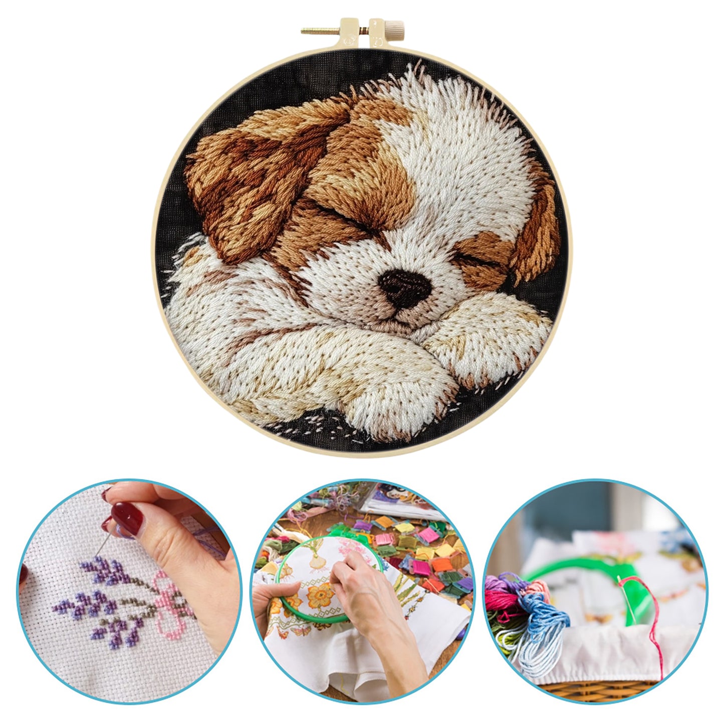 Border Collie Puppy - DIY Embroidery Cross Stitch Kit with Pattern Cotton Threads Needles Hoop 29x29CM/11.42x11.42in