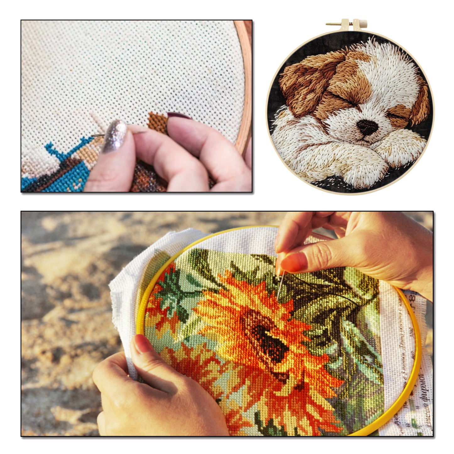 Border Collie Puppy - DIY Embroidery Cross Stitch Kit with Pattern Cotton Threads Needles Hoop 29x29CM/11.42x11.42in