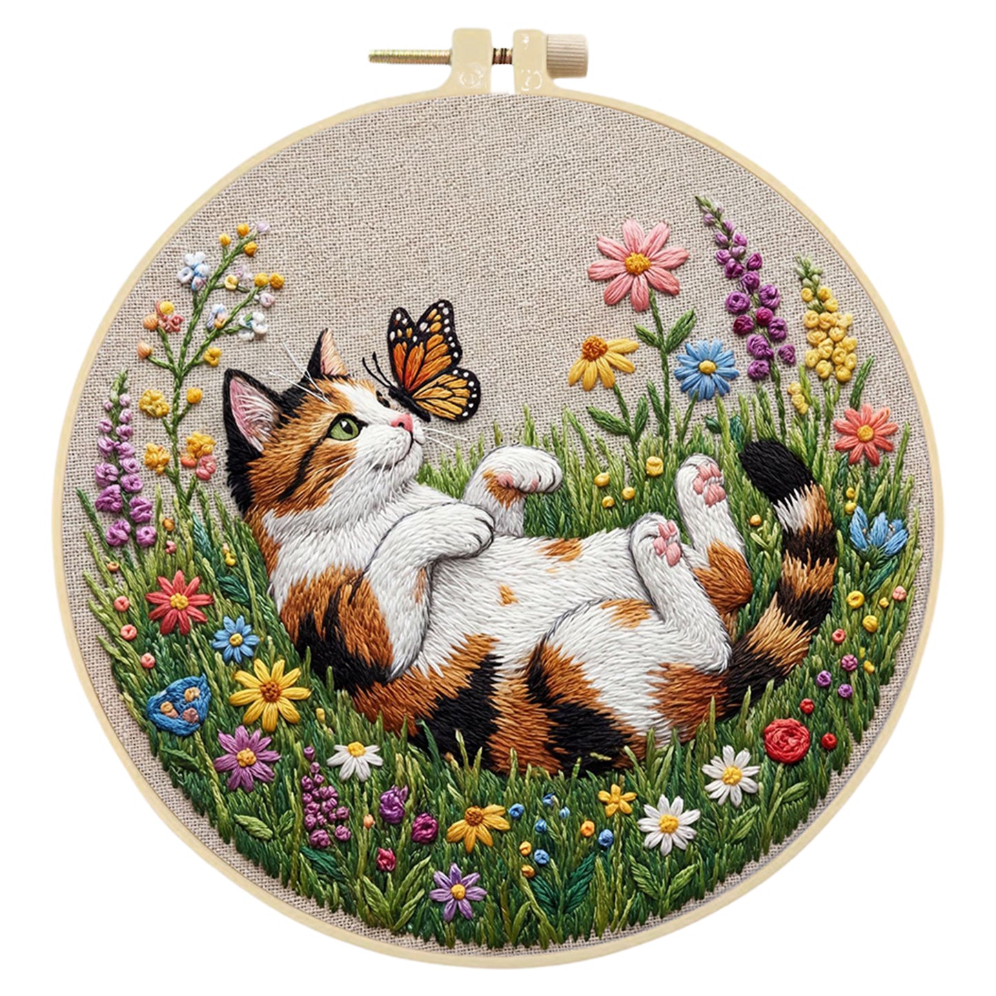 Calico Cat And Butterflies - DIY Embroidery Cross Stitch Kit with Pattern Cotton Threads Needles Hoop 29x29CM/11.42x11.42in