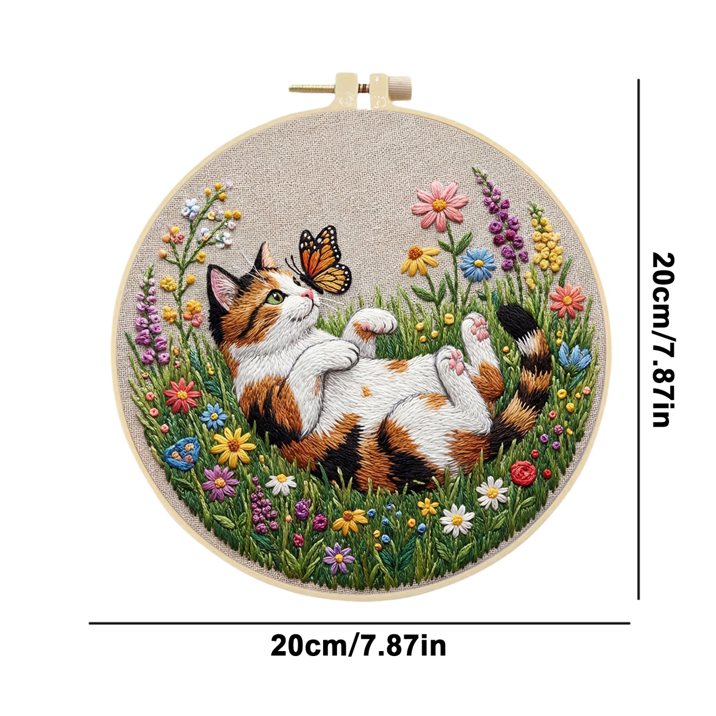 Calico Cat And Butterflies - DIY Embroidery Cross Stitch Kit with Pattern Cotton Threads Needles Hoop 29x29CM/11.42x11.42in