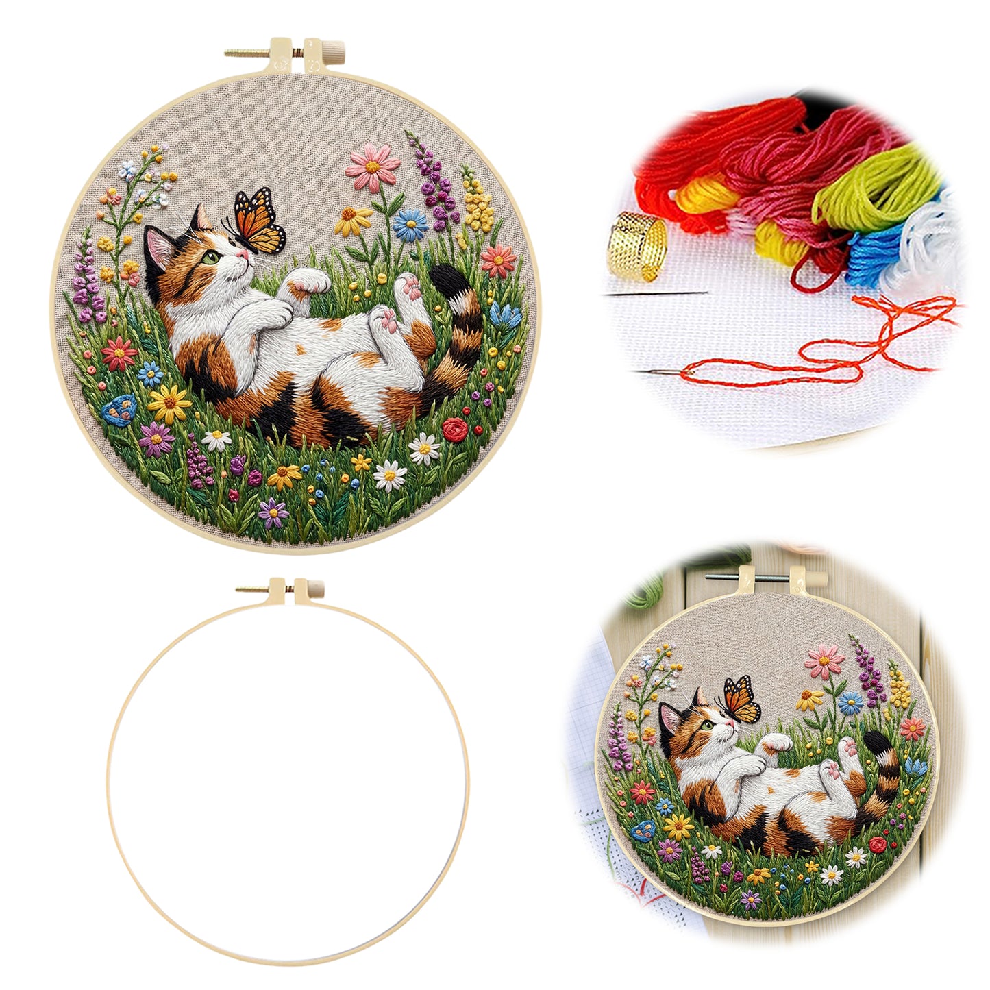 Calico Cat And Butterflies - DIY Embroidery Cross Stitch Kit with Pattern Cotton Threads Needles Hoop 29x29CM/11.42x11.42in