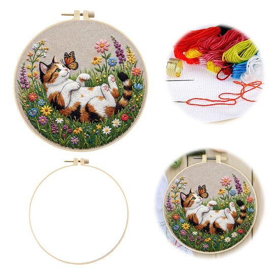 Calico Cat And Butterflies - DIY Embroidery Cross Stitch Kit with Pattern Cotton Threads Needles Hoop 29x29CM/11.42x11.42in
