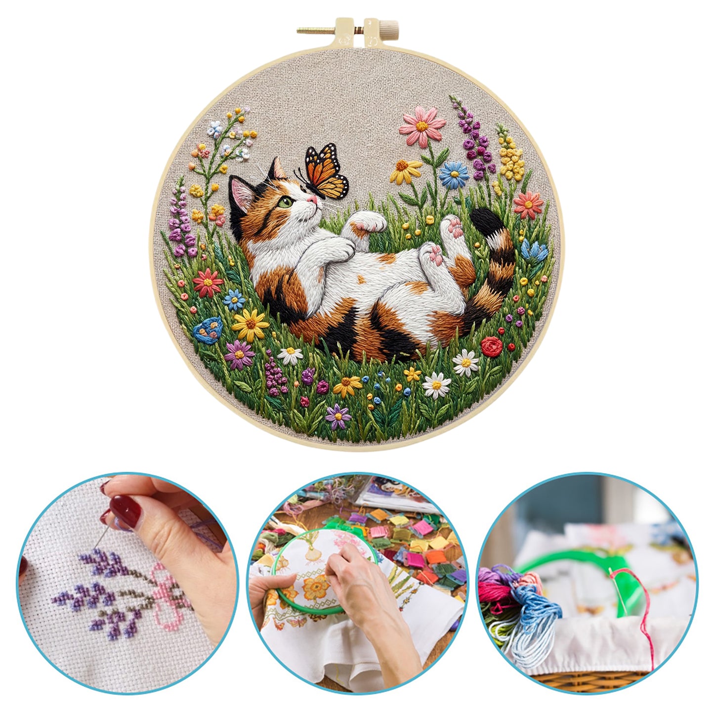 Calico Cat And Butterflies - DIY Embroidery Cross Stitch Kit with Pattern Cotton Threads Needles Hoop 29x29CM/11.42x11.42in