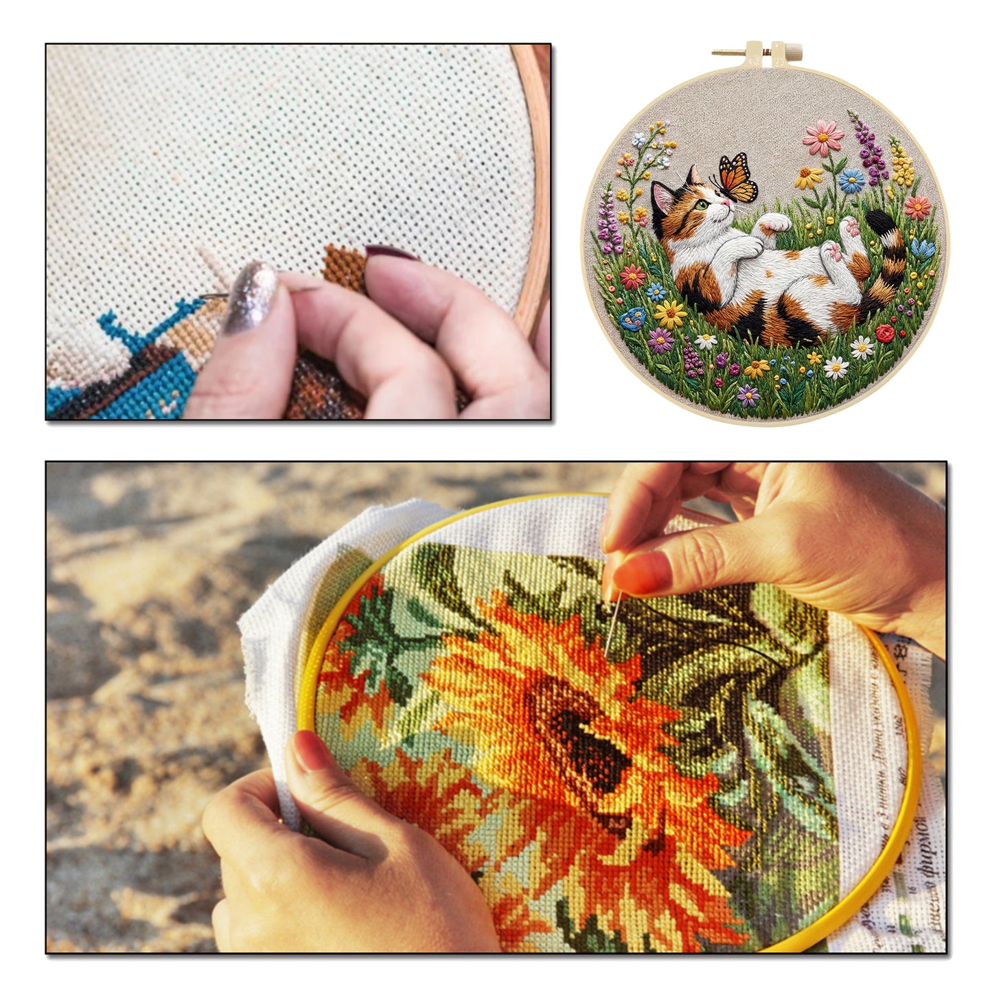 Calico Cat And Butterflies - DIY Embroidery Cross Stitch Kit with Pattern Cotton Threads Needles Hoop 29x29CM/11.42x11.42in