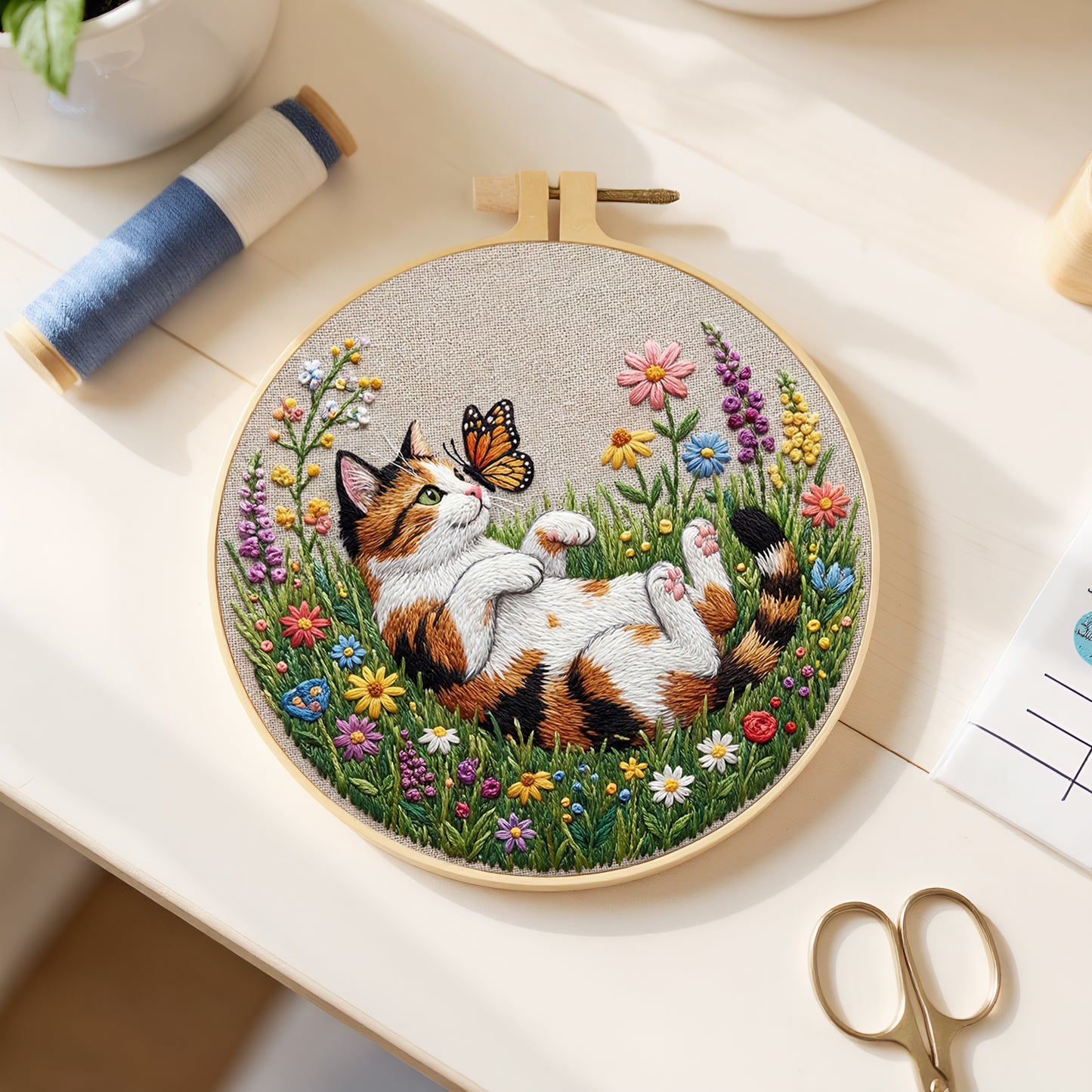Calico Cat And Butterflies - DIY Embroidery Cross Stitch Kit with Pattern Cotton Threads Needles Hoop 29x29CM/11.42x11.42in