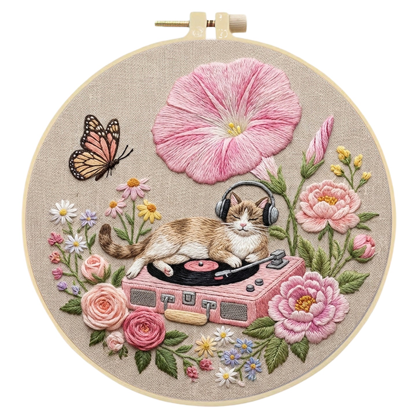 Cat And Record Player - DIY Embroidery Cross Stitch Kit with Pattern Cotton Threads Needles Hoop 29x29CM/11.42x11.42in