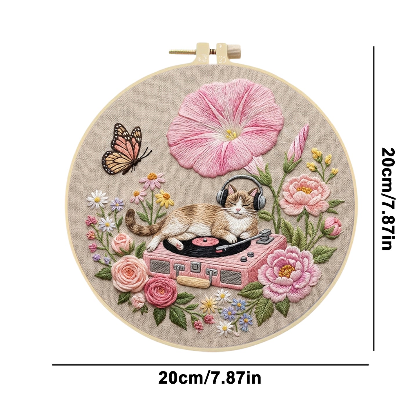 Cat And Record Player - DIY Embroidery Cross Stitch Kit with Pattern Cotton Threads Needles Hoop 29x29CM/11.42x11.42in